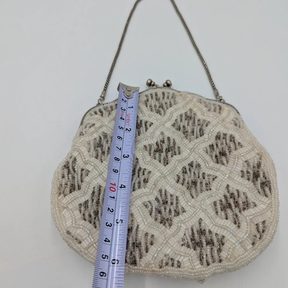 Vintage Handmade Beaded Evening Bag Clutch Purse Coquette Glam Cream White Retro